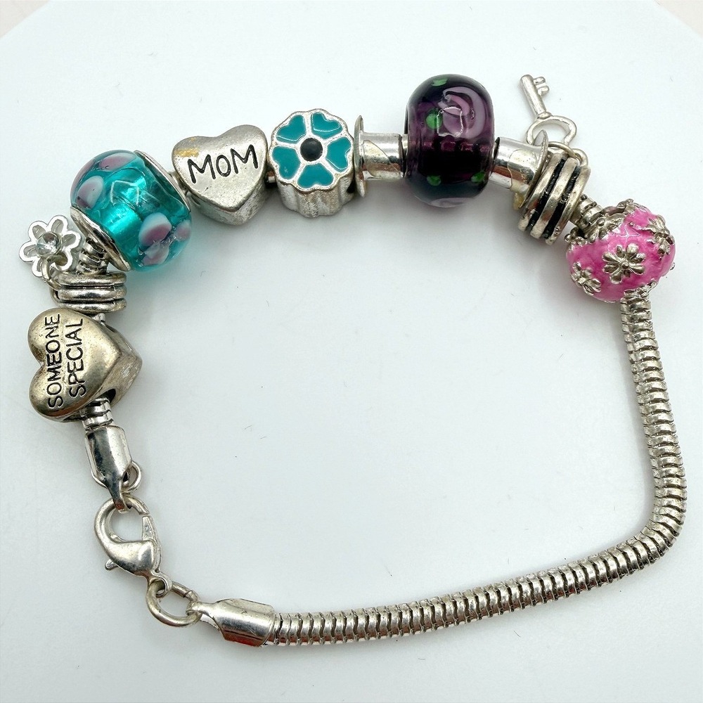 Vintage 90s Silver Tone Someone Special Mom Charm Bracelet Glass Beads Jewelry
